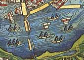 Tenochtitln. Edicin de Nuremberg. Detalle con barcas y canalizacin de agua.